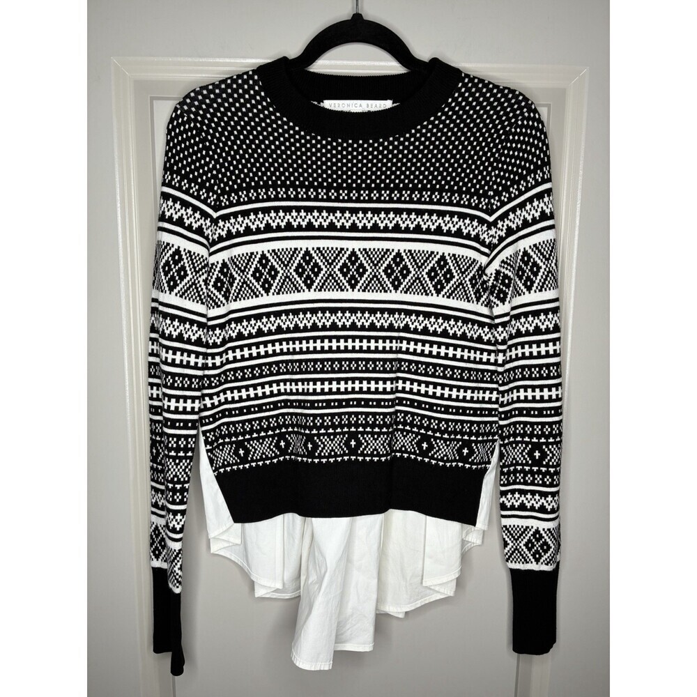 Veronica Beard Fair Isle Black & White Crewneck Sweater Twofer Size XS Layered